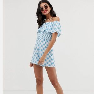 ASOS tall off shoulder ruffle romper with shirring in gingham print